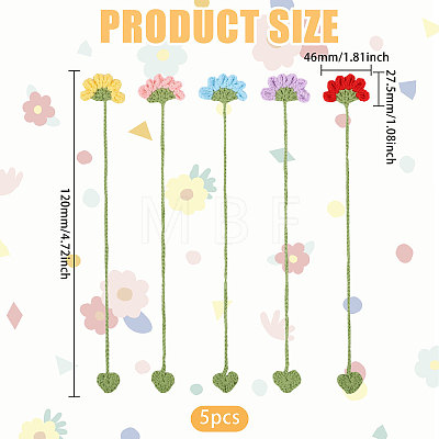5Pcs 5 Colors Wool Crochet Flower & Heart Hanging Bookmarks AJEW-GL0003-55-1