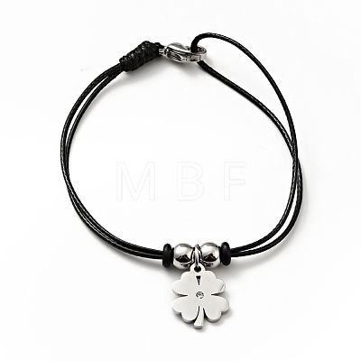 304 Stainless Steel Clover Charm Bracelet with Waxed Cord for Women BJEW-A125-28-1