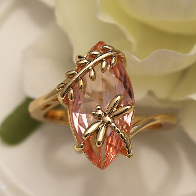 Leaf & Dragonfly Brass Glass Finger Rings FS-WGB6037-05-1