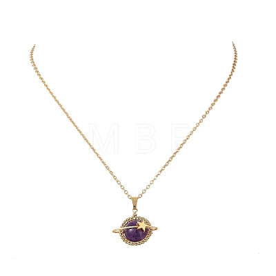 Natural Amethyst Copper Wire Wrapped Planet Pendant Brass Cable Chain Necklaces for Women NJEW-TA00260-02-1
