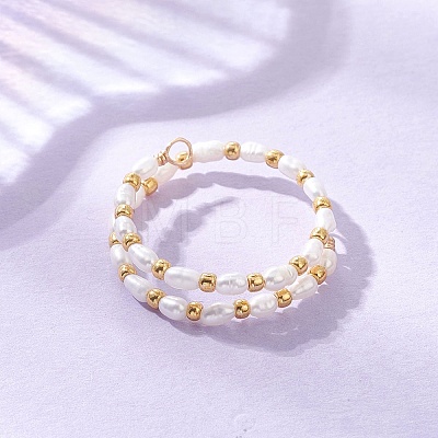 Natural Freshwater Pearl with Glass Seed Beaded Double Layers Finger Rings RJEW-JR01023-1