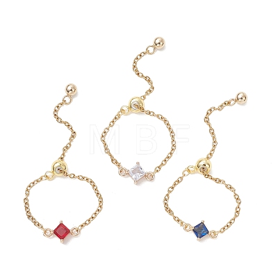 3Pcs Adjustable Brass Pave Glass Rhombus Links & 304 Stainless Steel Cable Chains Silder Finger Rings RJEW-JR00975-1