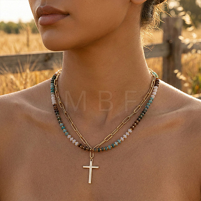 Stainless Steel Religion Cross Pendant Colorful Natural Mixed Gemstone Rondelle Beaded Double Layer Necklaces for Women KG2971-1