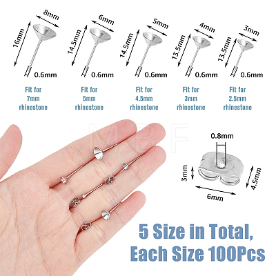 DICOSMETIC 500Pcs 5 Size 304 Stainless Steel Post Stud Earring Settings STAS-DC0014-77-1