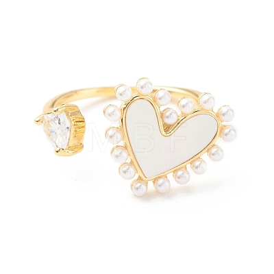 Clear Cubic Zirconia Heart Open Cuff Ring with Shell RJEW-P204-02G-1