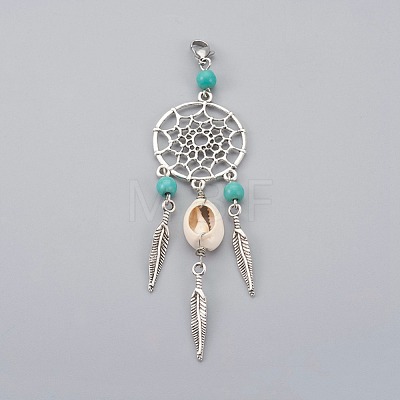 Synthetic Turquoise Alloy Woven Net/Web with Feather Pendant Decorations HJEW-JM00341-1