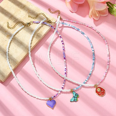 3Pcs 3 Style Alloy Enamel Pendant Necklaces Set with Glass Seed Beaded Chains NJEW-JN04457-1