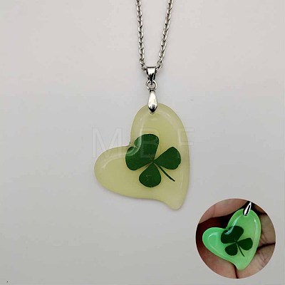 Glow in the Dark Resin Heart with Clover Pendant Necklace TU8342-1-1