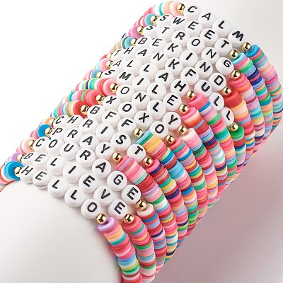 30Pcs 30 Style Polymer Clay Heishi Beaded Stretch Bracelets Set with Inspiration Word BJEW-JB07593-1