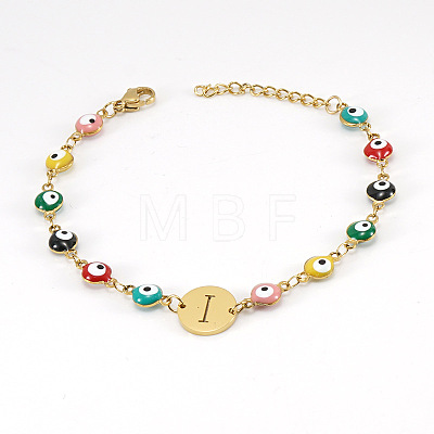 Colorful 304 Stainless Steel & Evil Eye Enamel Flat Round Link Bracelets FS-WGB13F5-09-1