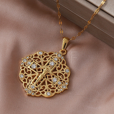 Vintage 304 Stainless Steel Crystal Rhinestone Hollow Flower with Jesus Cross Pendant Necklaces for Women LH2186-1