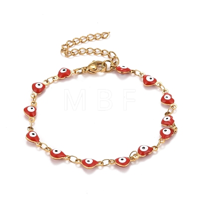 Enamel Heart with Evil Eye Link Chains Bracelet BJEW-P271-07G-1