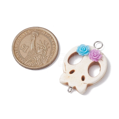 Halloween Skull Synthetic Turquoise Connector Charms with Flower Resin PALLOY-JF02780-1