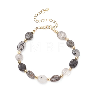 Natural Tourmalinated Quartz & Brass Beaded Bracelets for Women BJEW-JB12904-02-1