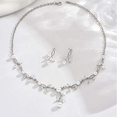 Leaf Brass Crystal Rhinestone & Plastic Pearl Pendant Necklaces & Stud Dangle Earrings Sets FS-WGAF044-02-1