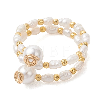 Natural Freshwater Pearl & Shell Pearl & Glass Seed Beaded Double Layers Finger Rings RJEW-JR01022-1