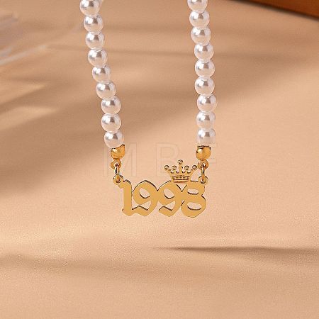 Alloy Crown Birth Year Pendant Imitation Pearl Round White Beaded Necklaces for Women FS-WG173C9-38-1