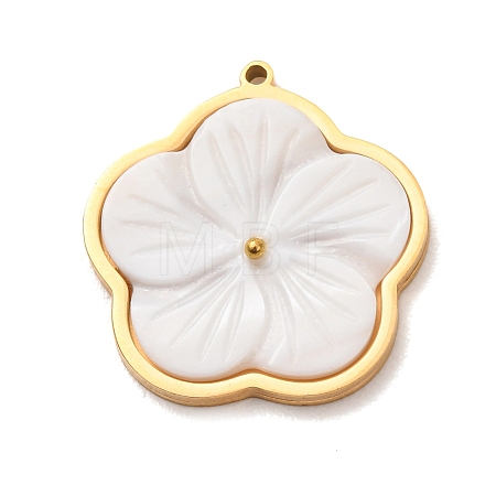 Carved Natural White Shell 304 Stainless Steel Pendants SH-K002-01A-G-1