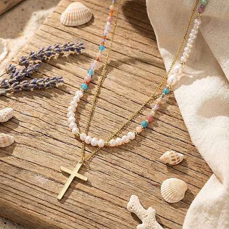 304 Stainless Steel Cross Pendant Paux Pearl & Glass & Natural Mixed Stone Beaded Double Layer Necklaces for Women RM5480-1