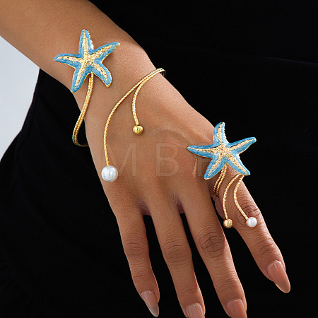 Starfish Iron Enamel & Plastic Imitation Pearl Cuff Bangles & Cuff Rings Sets for Women WG59046-01-1
