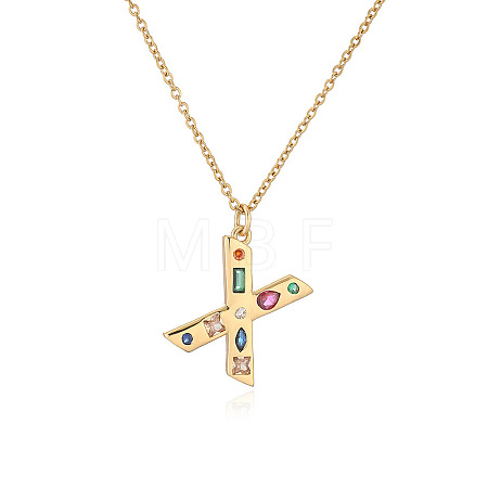 Brass Pave Colorful Cubic Zirconia Initial Pendant Necklaces for Women FS-WG02860-24-1