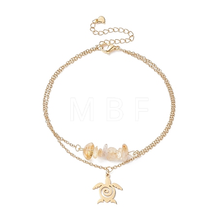 Natural Citrine Chips Beaded & Turtle Charms Double Layer Multi-strand Bracelet AJEW-AN00511-05-1