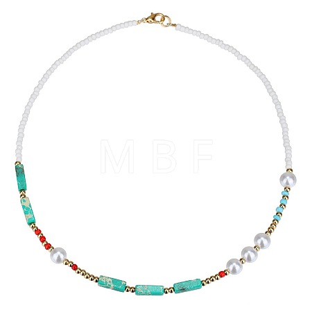 Bohemian Cuboid Dyed Natural Imperial Jasper & Red Agate & Synthetic Turquoise & Imitation Pearl & Glass Seed Beaded Necklaces TE0574-2-1