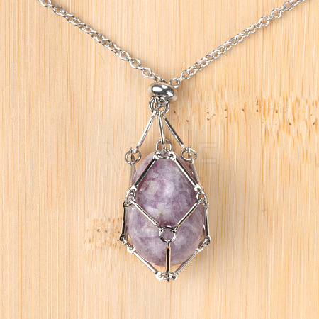 Natural Lepidolite Easter Egg Cage Pendant 304 Stainless Steel Cable Chain Necklaces FS-WGA333C-16-1
