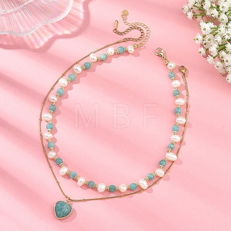 Natural Amazonite Heart Pendant 304 Stainless Steel Satellite Chain Double Layer Necklaces NJEW-JN06692-1