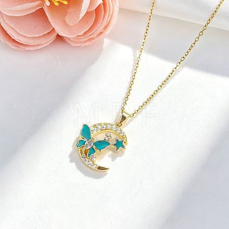Brass Pave Cubic Zirconia Moon with Butterfly Pendant 304 Stainless Steel Cable Chain Necklaces for Women WG0C691-01-1