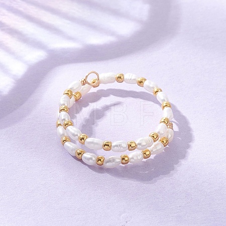 Natural Freshwater Pearl with Glass Seed Beaded Double Layers Finger Rings RJEW-JR01023-1