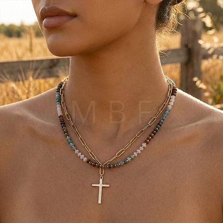 Stainless Steel Religion Cross Pendant Colorful Natural Mixed Gemstone Rondelle Beaded Double Layer Necklaces for Women KG2971-1