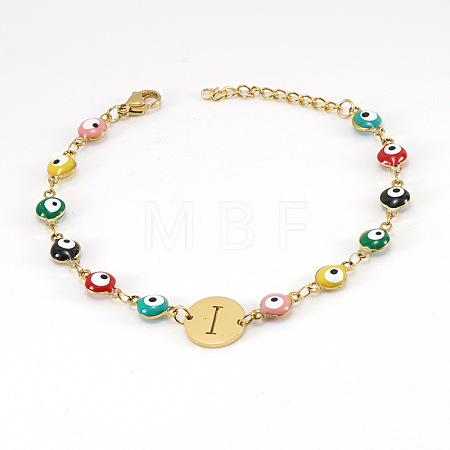Colorful 304 Stainless Steel & Evil Eye Enamel Flat Round Link Bracelets FS-WGB13F5-09-1