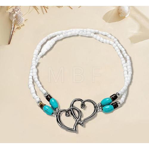 Glass Seed Beads & Alloy Heart Link Anklets WGBE152-13-1