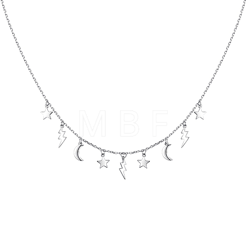 Rhodium Plated 925 Sterling Silver Star Moon Lightning Flowing Pendant Bib Necklaces MF4231-1