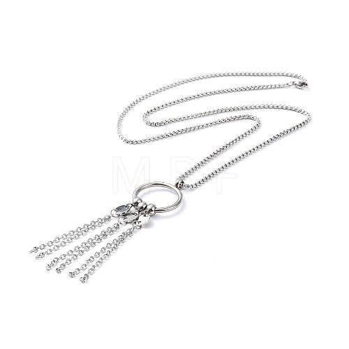 Non-Tarnish 304 Stainless Steel Ring with Tassel Pendant Necklace with Box Chains for Women NJEW-B087-01P-1