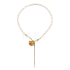 Brass Epoxy Resin Inner Dried Rose Flower Pendant Natural Pearl Beaded Lariat Necklaces NJEW-JN06674-4