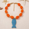 Bohemian Dyed Natural Lava Rock Dodger Blue Fish Shaped Pendant Resin Barrel Beaded Necklaces with Alloy End Chains for Women WGC0D2D-01-3