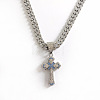 Hiphop Style Zinc Alloy Full Crystal & Aquamarine Rhinestone Religion Cross Pendant Cuban Link Chain Necklaces for Men WG1F4FB-01-1
