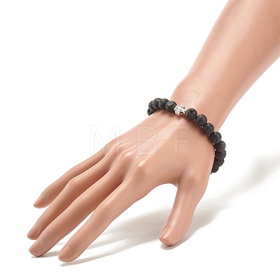 Natural Lava Rock Stretch Bracelet with Alloy Cross BJEW-JB08192-04-1