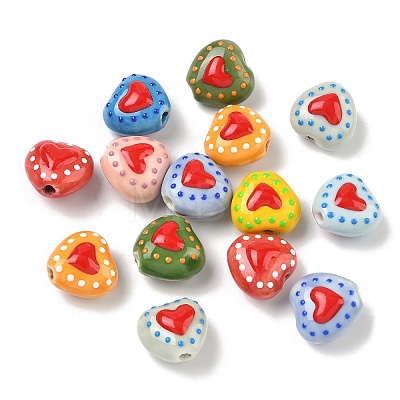 Heart Pattern Handmade Porcelain Enamel Beads X-PORC-G016-03-1
