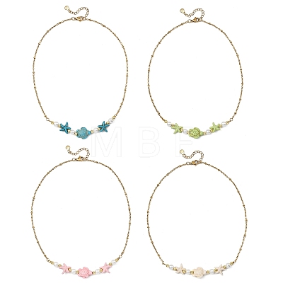 Ocean Synthetic Turquoise Starfish Turtle and Round Shell Pearl Beaded Necklaces NJEW-JN06168-1