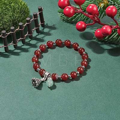 Natural Red Agate Carnelian(Dyed & Heated) & Green Aventurine Stretch Bracelet with Alloy Christmas Tree Charm BJEW-TA00124-1