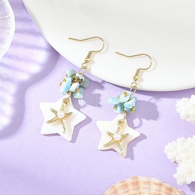 Natural Larimar & Natural Freshwater Shell & Alloy Dangle Earring for Women EJEW-JE07403-1