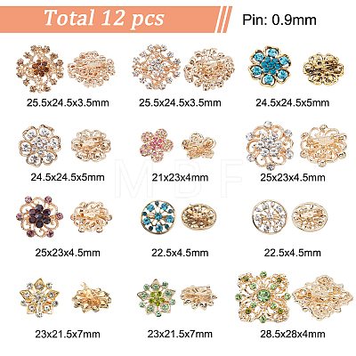  12Pcs 12 Style Rhinestone Flower Lapel Pins JEWB-NB0001-17-1