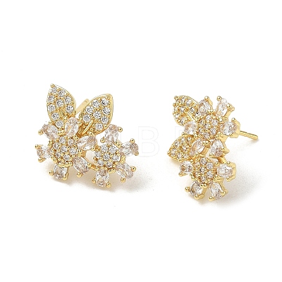 Floral Leaf Brass & Clear Marquise and Round Cut Cubic Zirconia Stud Earrings KK-CBA36A2-09G-1