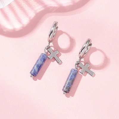304 Stainless Steel Blue Spot Jasper Column Hoop Earrings EJEW-JE06791-03-1