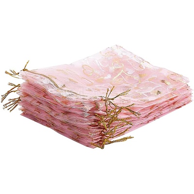 100Pcs Gold Stamping Heart Organza Gift Bags OP-PH0001-37B-1