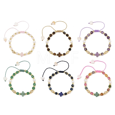 Natural Mixed Gemstone Faceted Cube Braided Bead Bracelets BJEW-JB14379-1