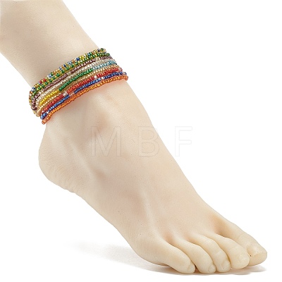 9Pcs 9 Color Glass Seed Beaded Stretch Anklets Set AJEW-AN00485-1
